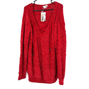Simply Noelle size XXL‎ red chunky knit pullover sweater lace up v neck chenille